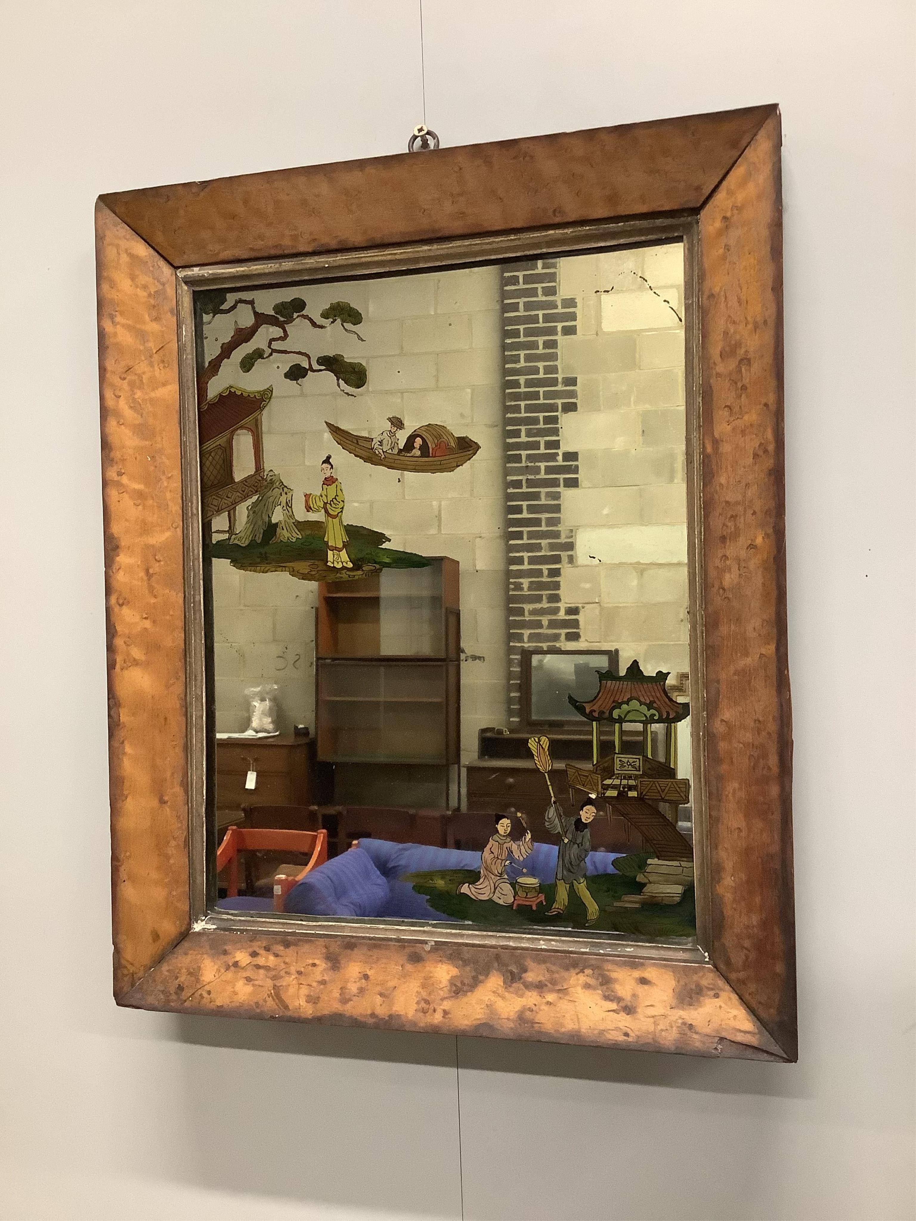 A late Victorian maple framed wall mirror with reverse painted chinoiserie decoration, width 44cm, height 55cm. Condition - fair